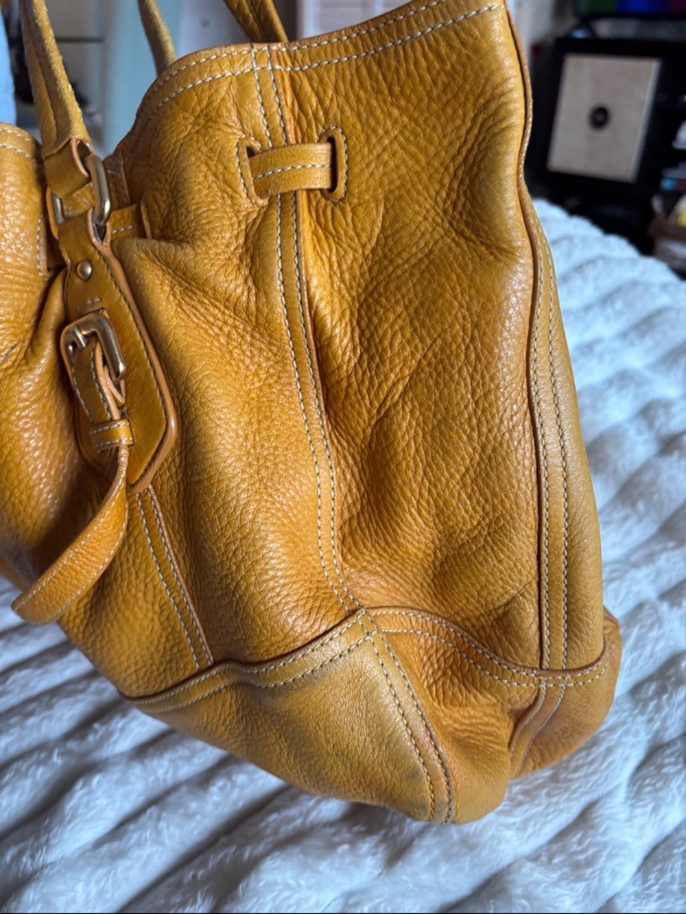 Prada Yellow-Tan Leather Drawstring Shoulder Bag - Picture 5 of 16